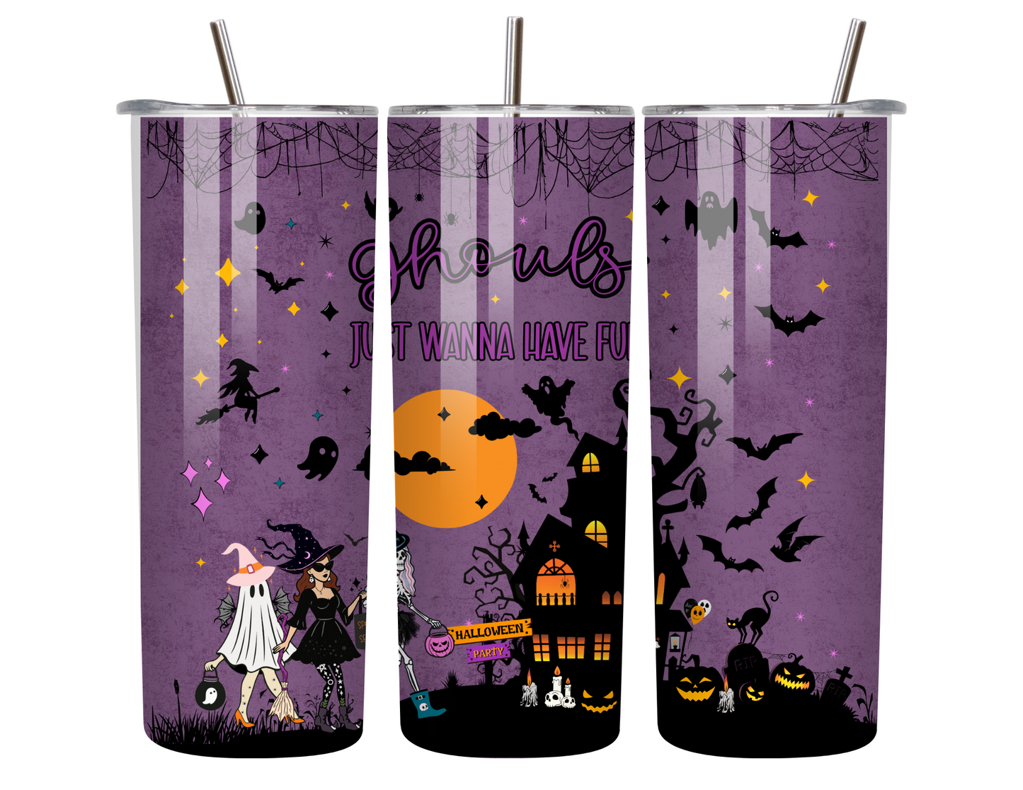 Ghouls Just Wanna Have Fun – 20oz Halloween Tumbler with Moon, Ghosts & Bats