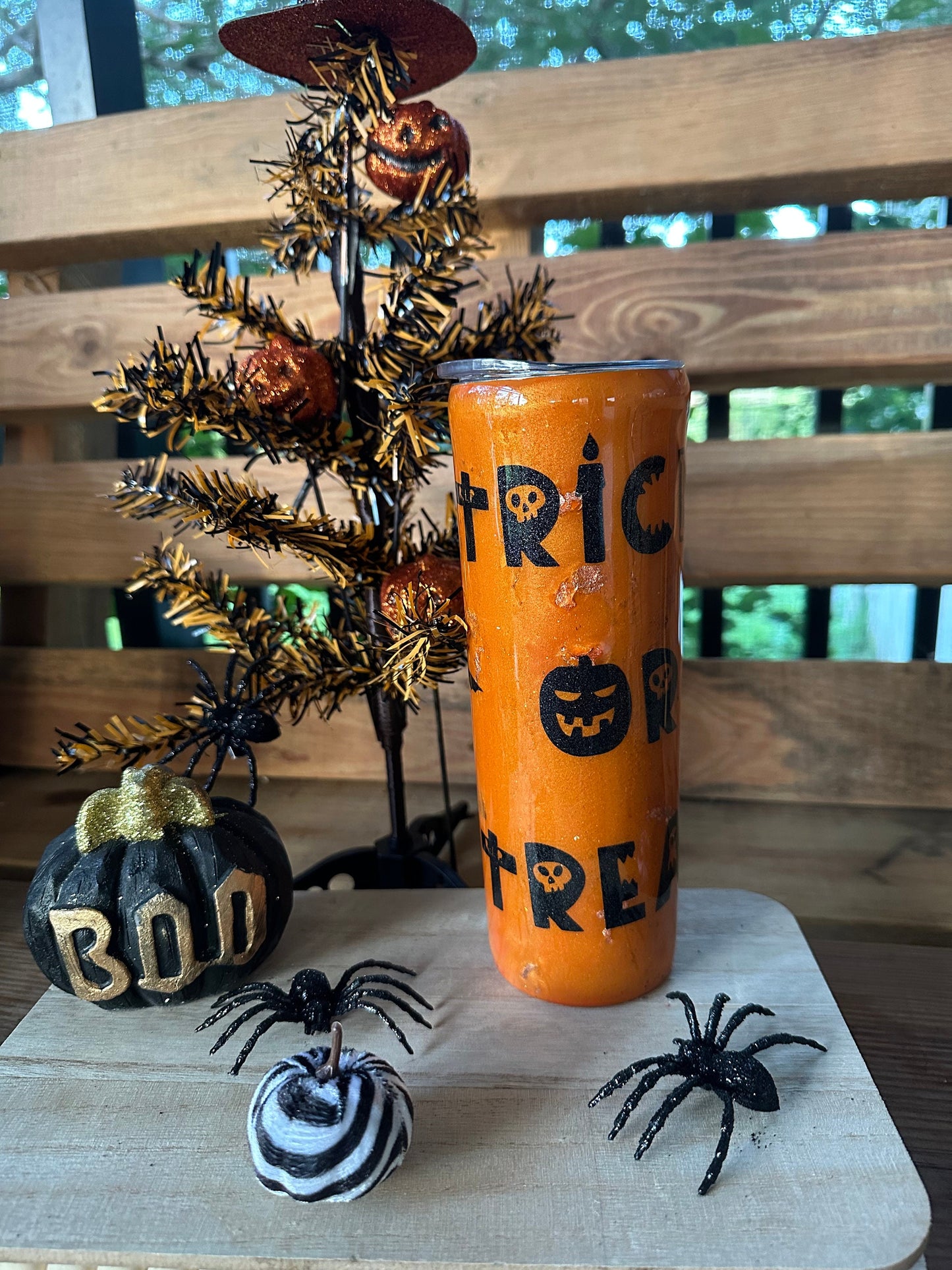 Orange Iridescent Glitter Halloween Tumbler, Trick or Treat Epoxy Tumbler - Halloween Drinkware, Shimmering Bat Tumbler