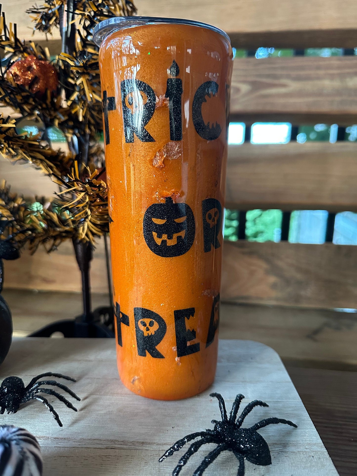 Orange Iridescent Glitter Halloween Tumbler, Trick or Treat Epoxy Tumbler - Halloween Drinkware, Shimmering Bat Tumbler