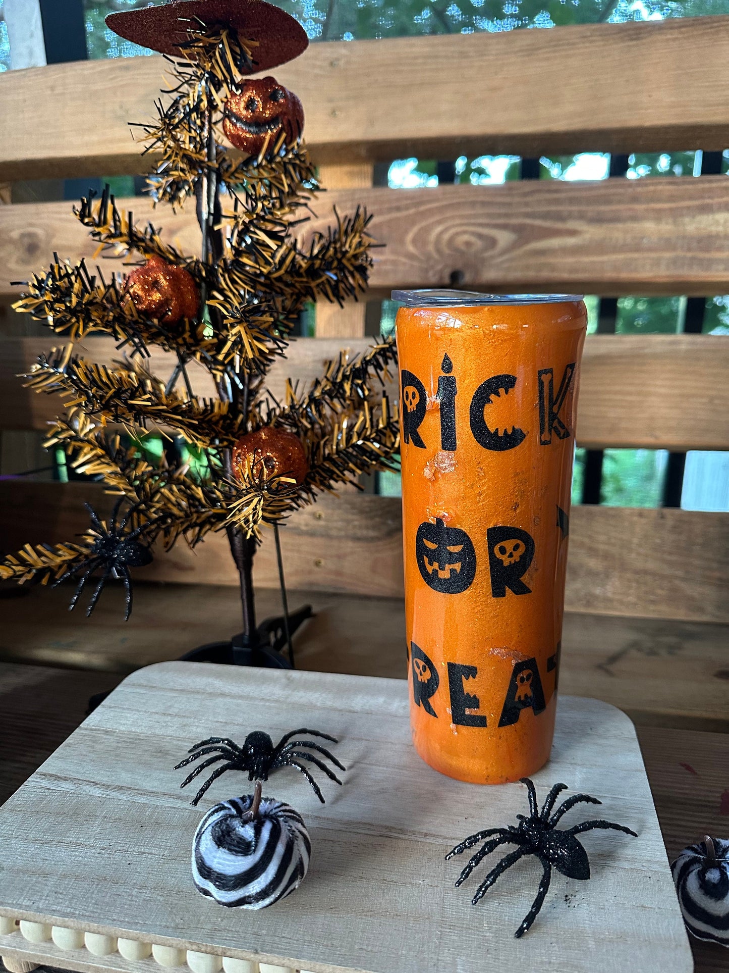Orange Iridescent Glitter Halloween Tumbler, Trick or Treat Epoxy Tumbler - Halloween Drinkware, Shimmering Bat Tumbler