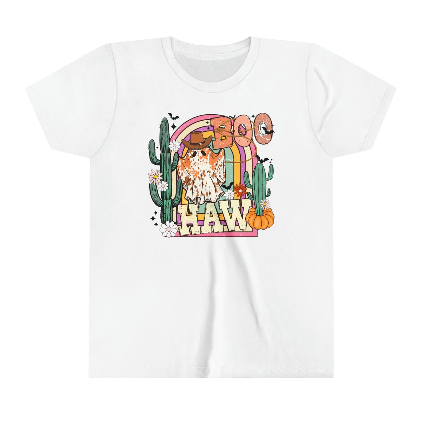 Boo Haw - Girls Western Halloween Tee - Cowgirl Ghost Design - Spooky Rodeo Shirt for Kids