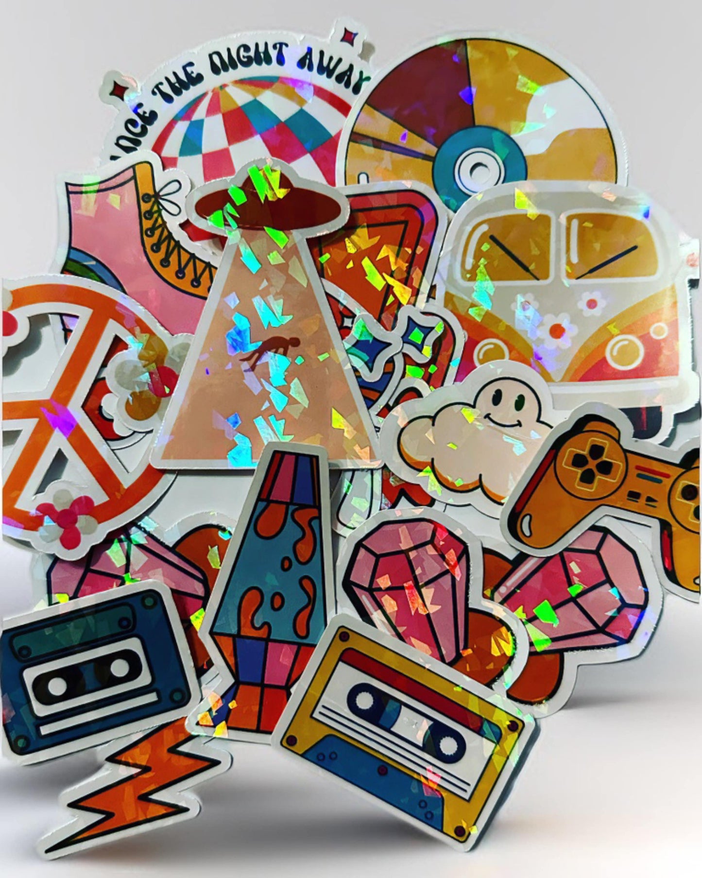 90s Retro Sticker Pack Nostalgia Sticker Pack - 22 Pack Holographic Stickers -Vintage 90's Baby Rollerskates, Ringpop, vhs, Hippie Stickers