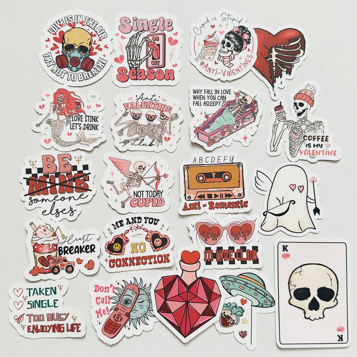 20 Pack of Stickers, Anti-Valentine's Day Planner Stickers, Gothic Stickers Pack, Galentine's Day, Skeleton Tumbler Stickers, Water Bottle