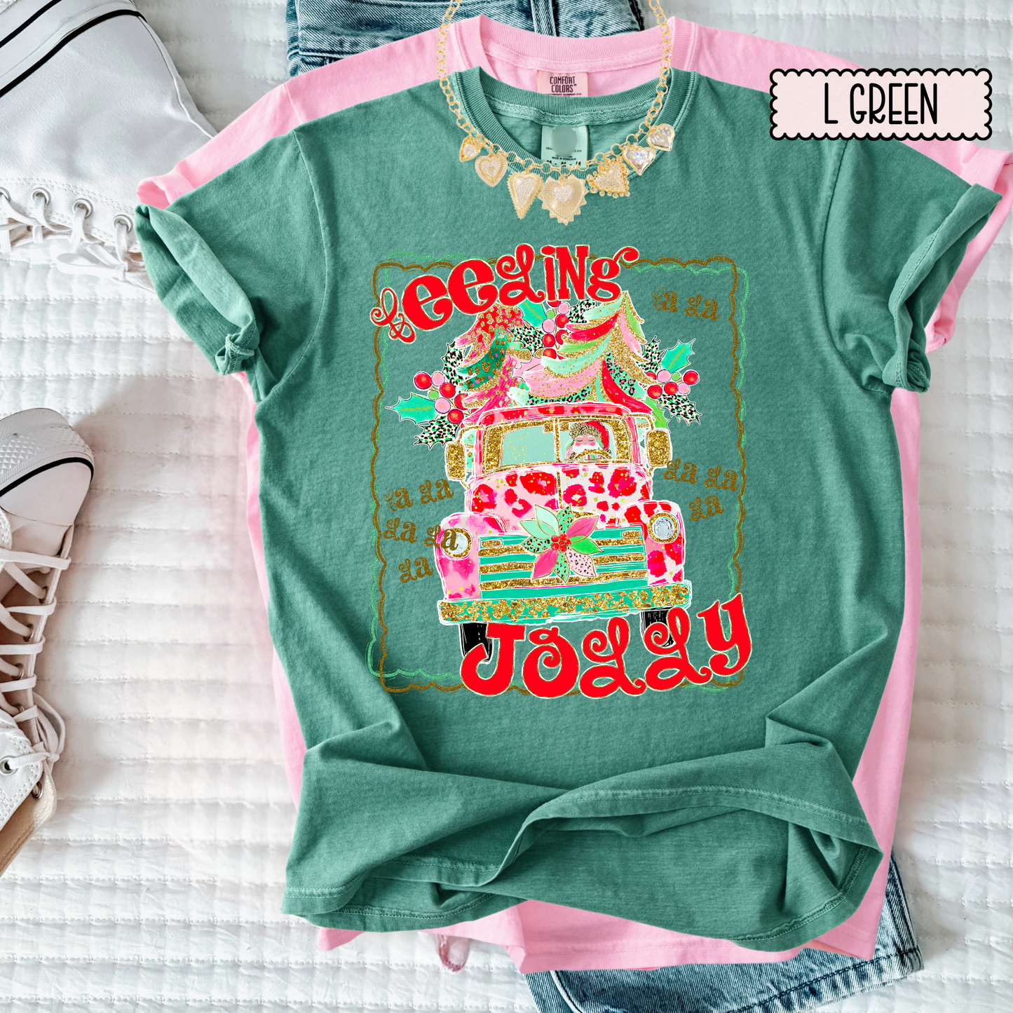 Feeling Jolly Christmas Tee | Cute Girly Holiday Shirt | Bright Retro Santa Christmas Top