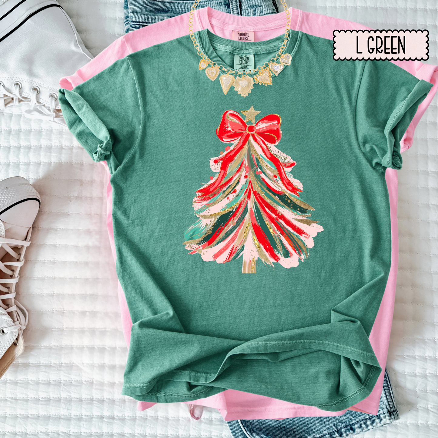 Whimsical Christmas Tree Bow T-Shirt – Festive Holiday Graphic Tee for Women