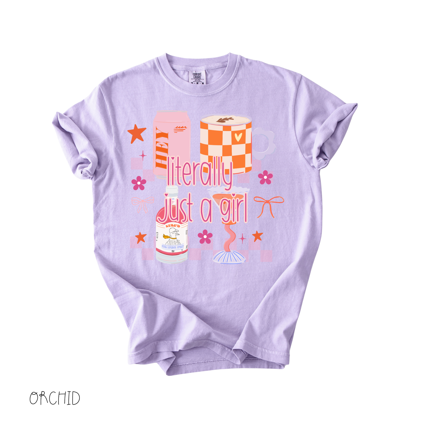 literally just a girl graphic tee with pastel gifts and bows on purple shirt