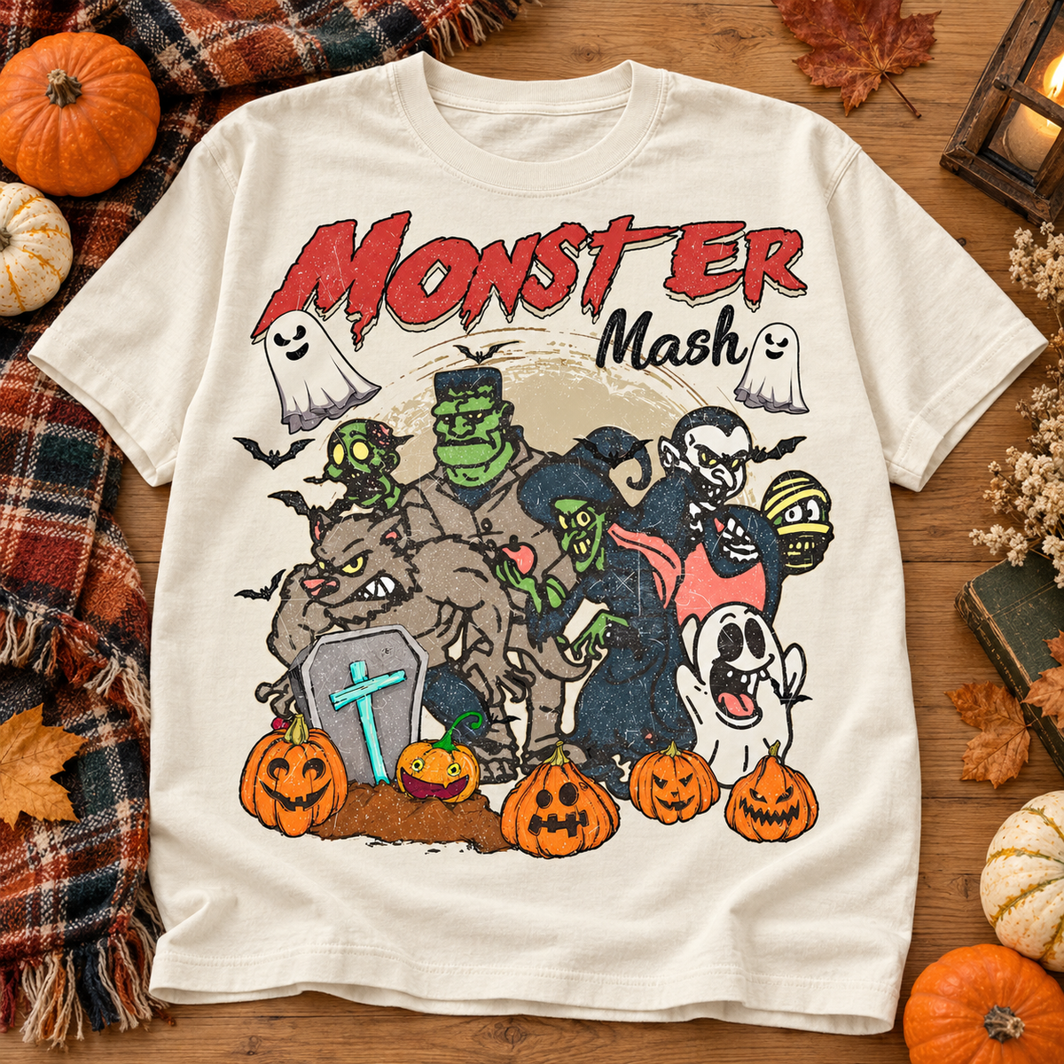 Ivory Monster Mash Classic Monsters and Pumpkins graphic T-shirt