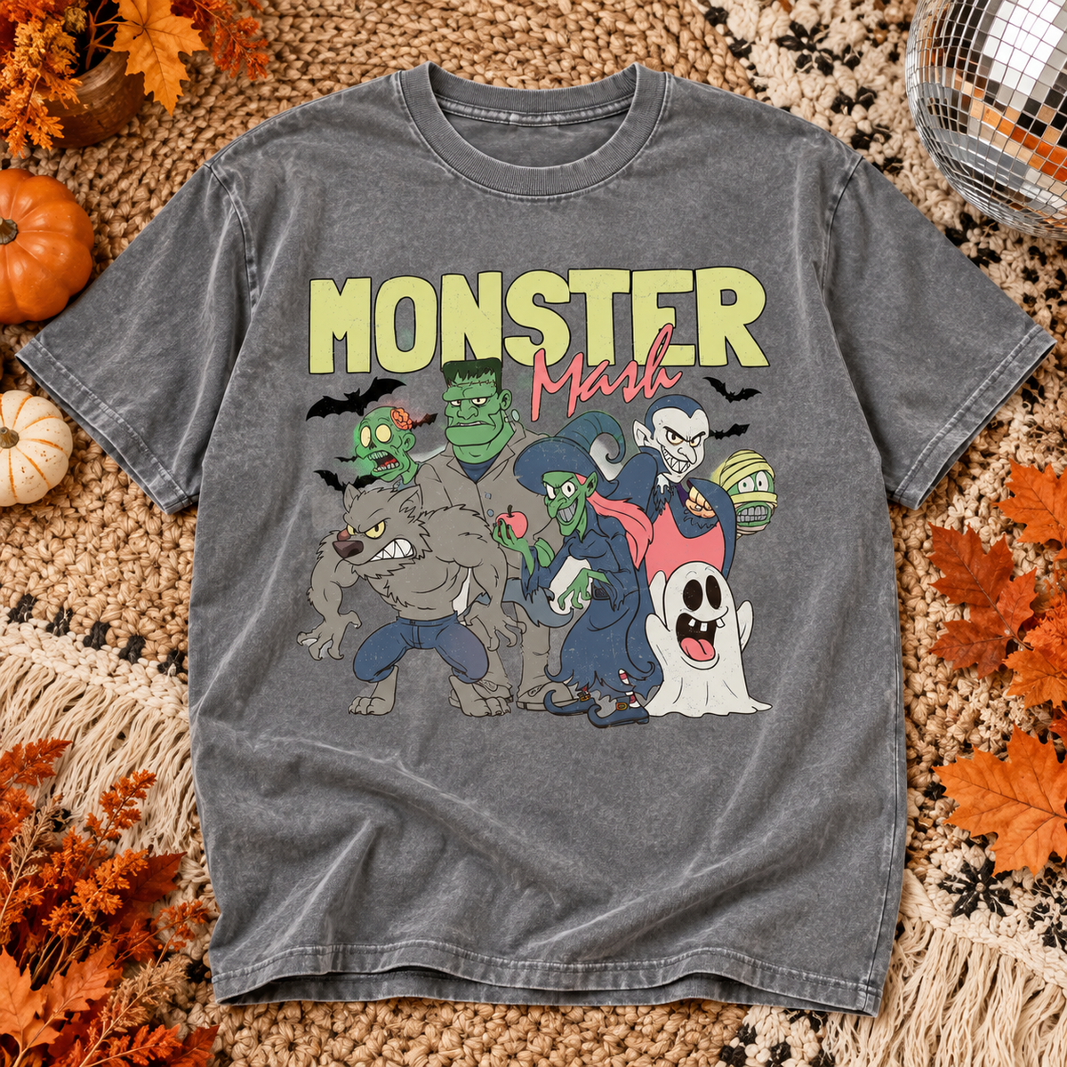 Gray Monster Mash T-shirt with a lineup of colorful Halloween monsters