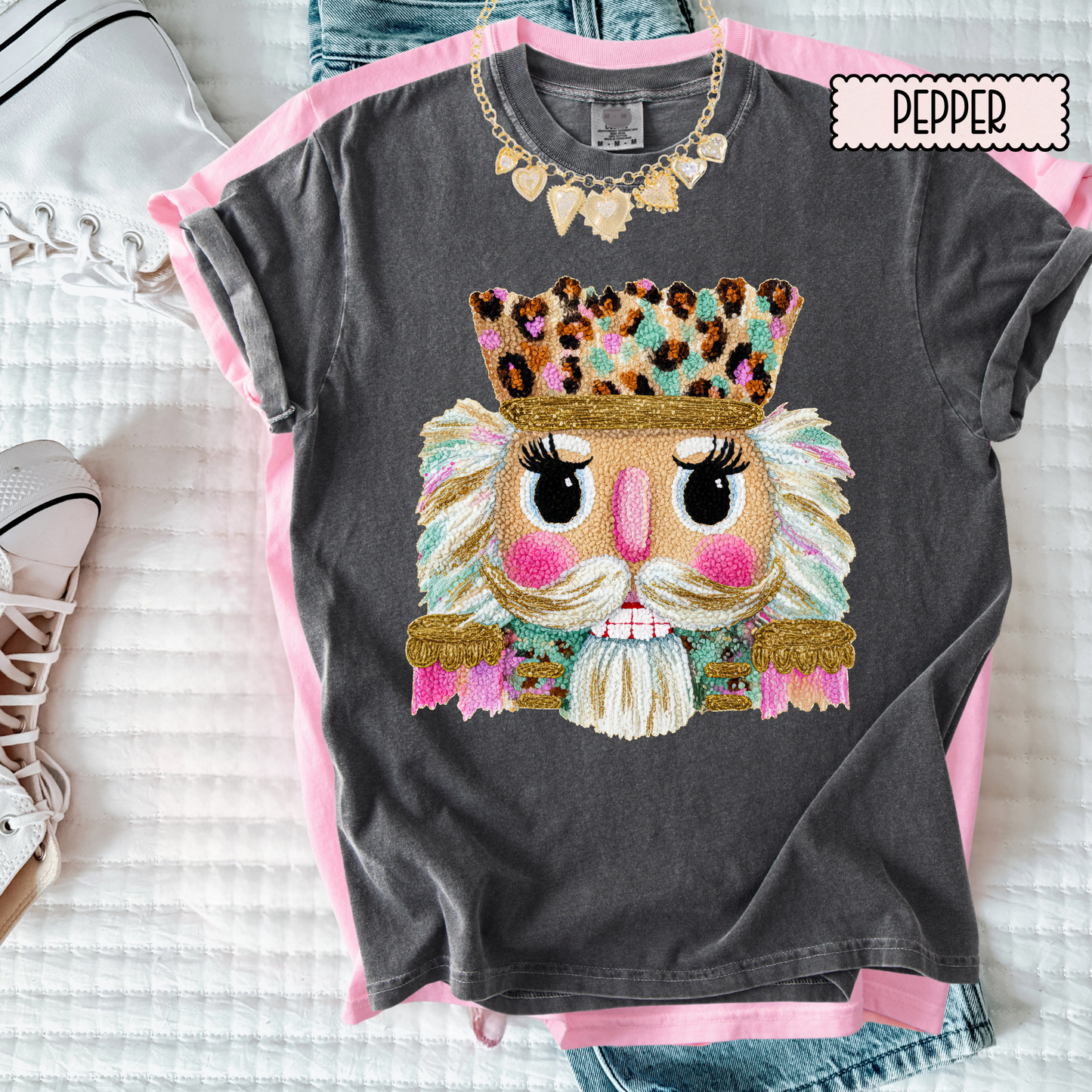 Leopard Crown Nutcracker Christmas T-Shirt – Girly Holiday Graphic Tee for Women