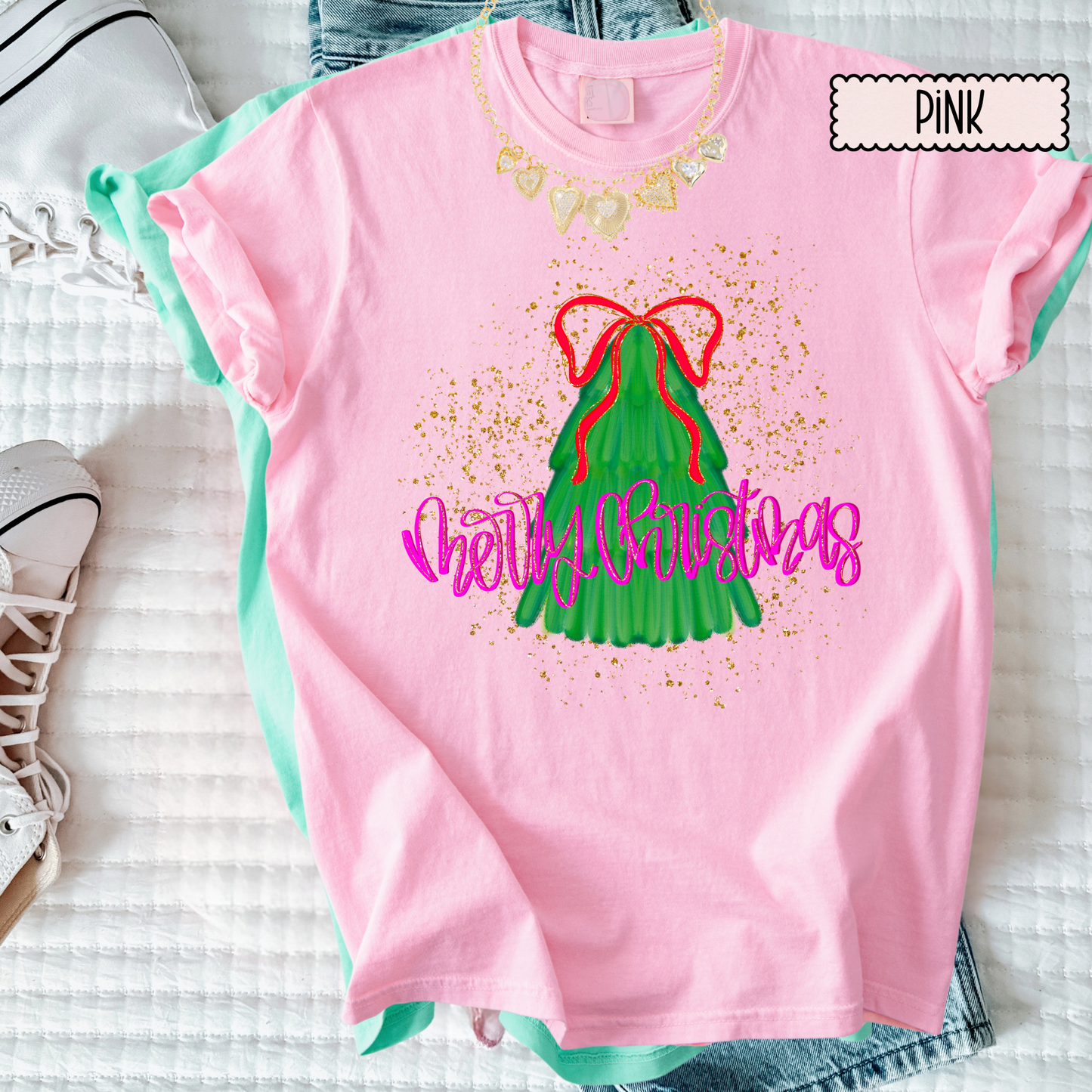 Coquette Christmas Shirt | Deck the Halls Tee for Women | Pink Retro Holiday Graphic Tee