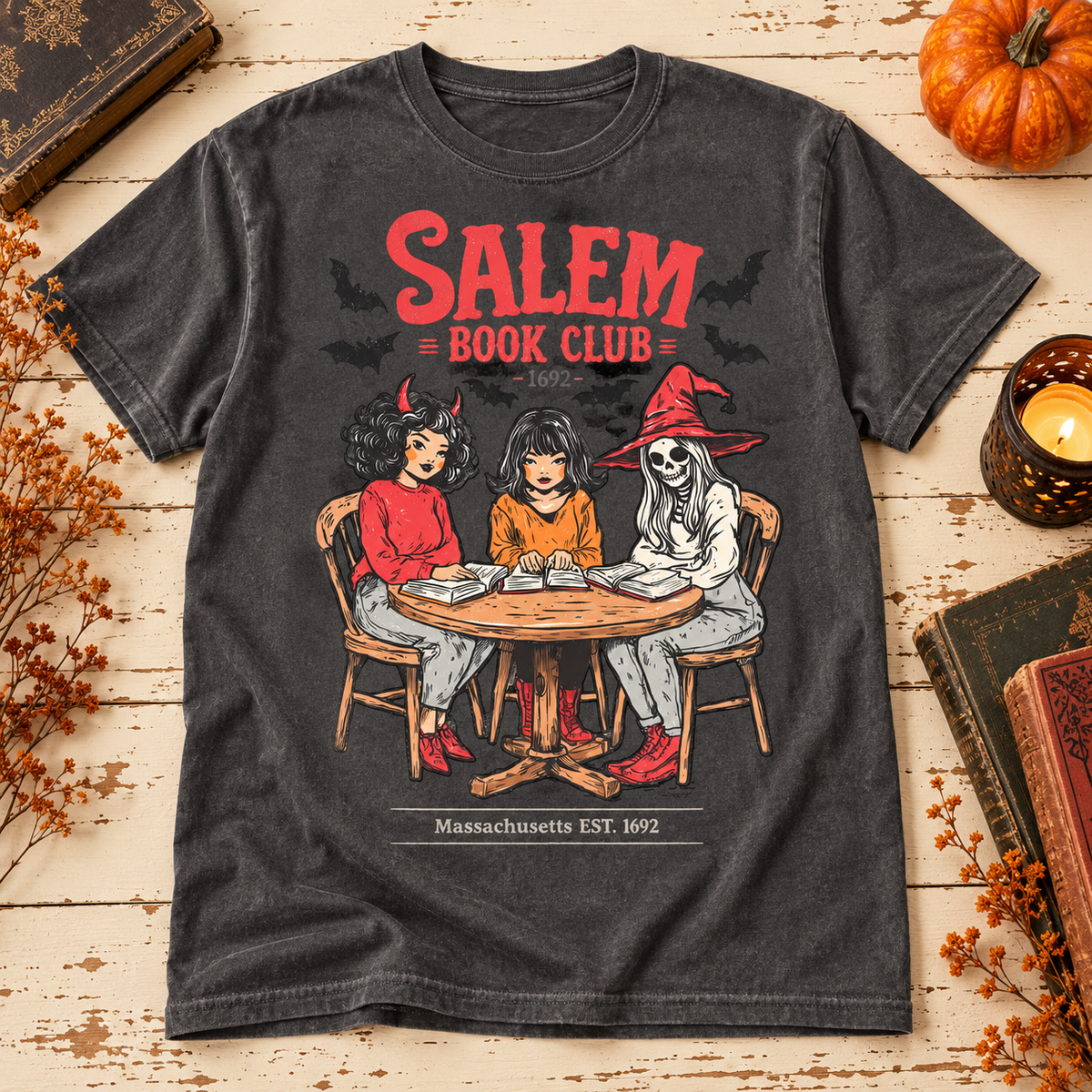 Pepper Comfort Colors Halloween T-shirt featuring Salem Book Club Witches Reading