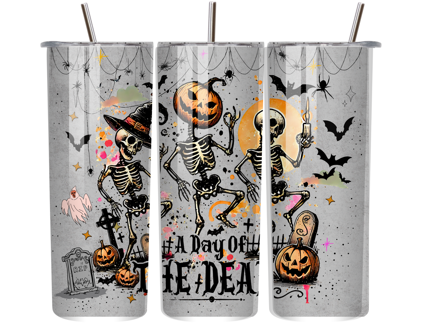 Skelebration Mode – 20oz Halloween Skeleton Tumbler with Jack-O’-Lantern Heads