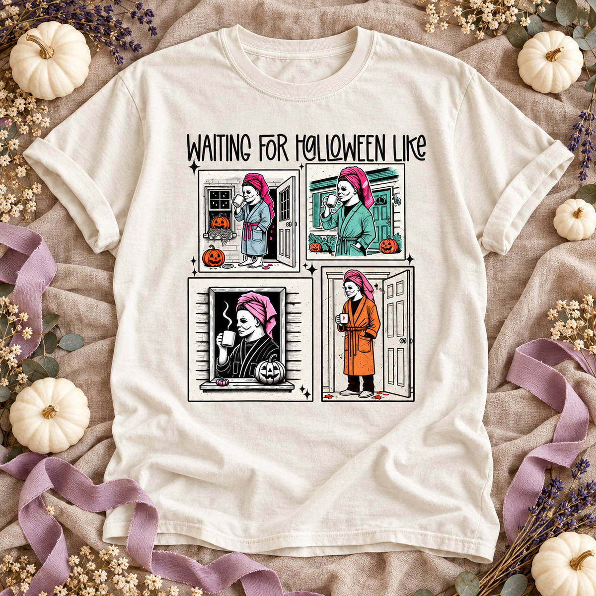 Ivory Waiting for Halloween Like T-shirt with four comic-style panels of a girl waiting for Halloween