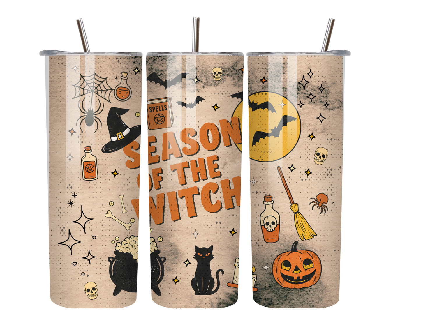 Season of the Witch – 20oz Fall Vibes Halloween Tumbler with Black Cat & Pumpkin