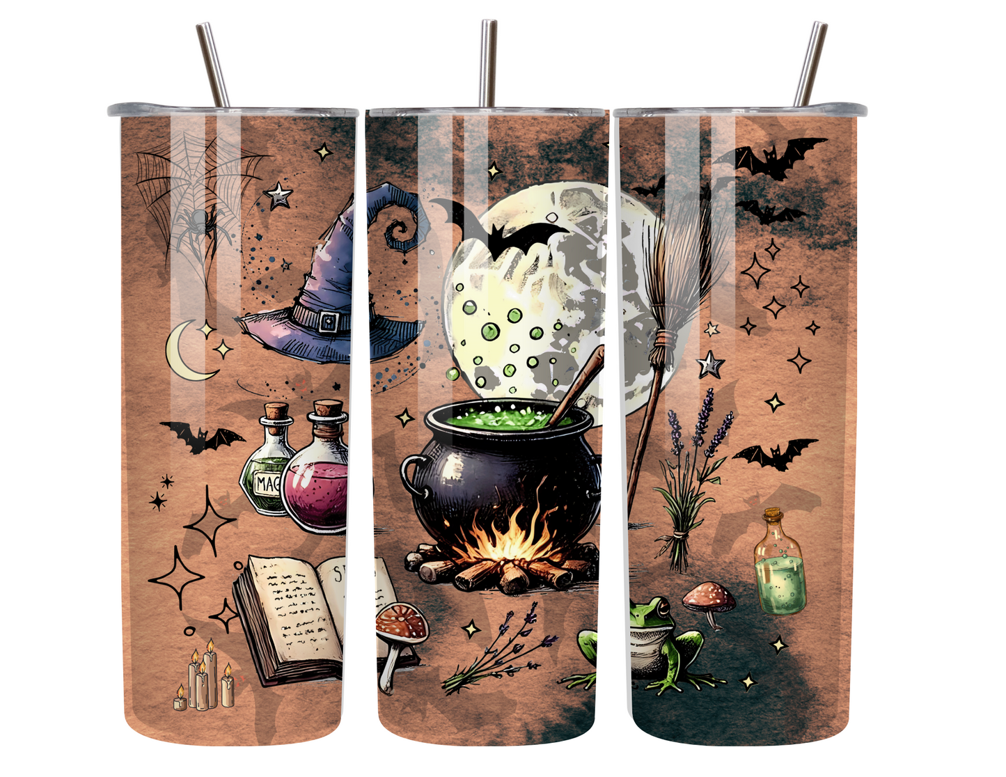 Spellbound in Orange – 20oz Halloween Tumbler with Cauldron & Full Moon