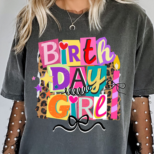 Birthday Girl graphic t-shirt with preppy coquette retro collage design