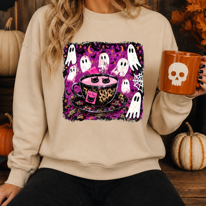 Kitty Tea Halloween Sweatshirt | Pink Spooky Cat & Ghost Crewneck