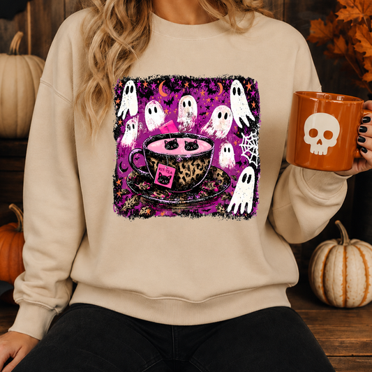 Kitty Tea Halloween Sweatshirt | Pink Spooky Cat & Ghost Crewneck