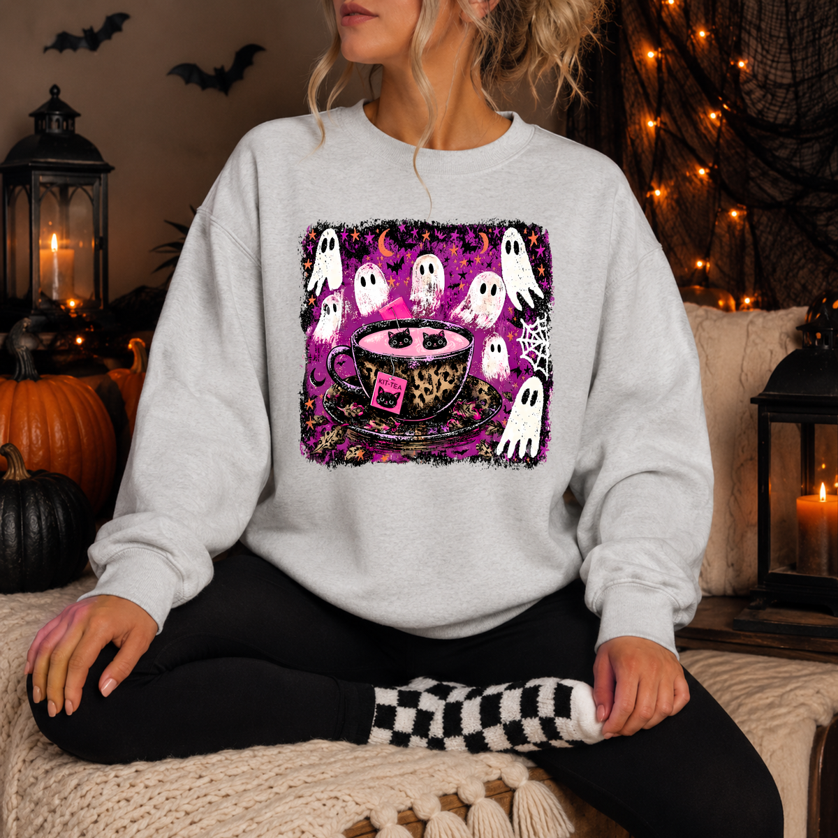 Kitty Tea Halloween Sweatshirt | Pink Spooky Cat & Ghost Crewneck