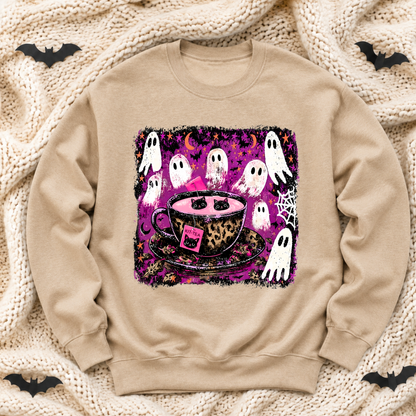 Kitty Tea Halloween Sweatshirt | Pink Spooky Cat & Ghost Crewneck