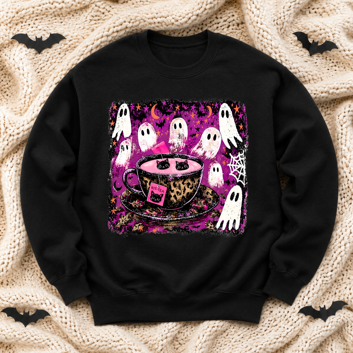 Kitty Tea Halloween Sweatshirt | Pink Spooky Cat & Ghost Crewneck