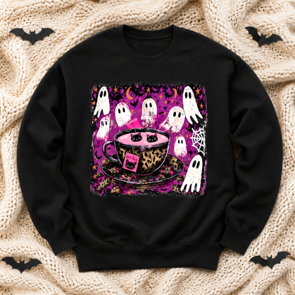 Kitty Tea Halloween Sweatshirt | Pink Spooky Cat & Ghost Crewneck
