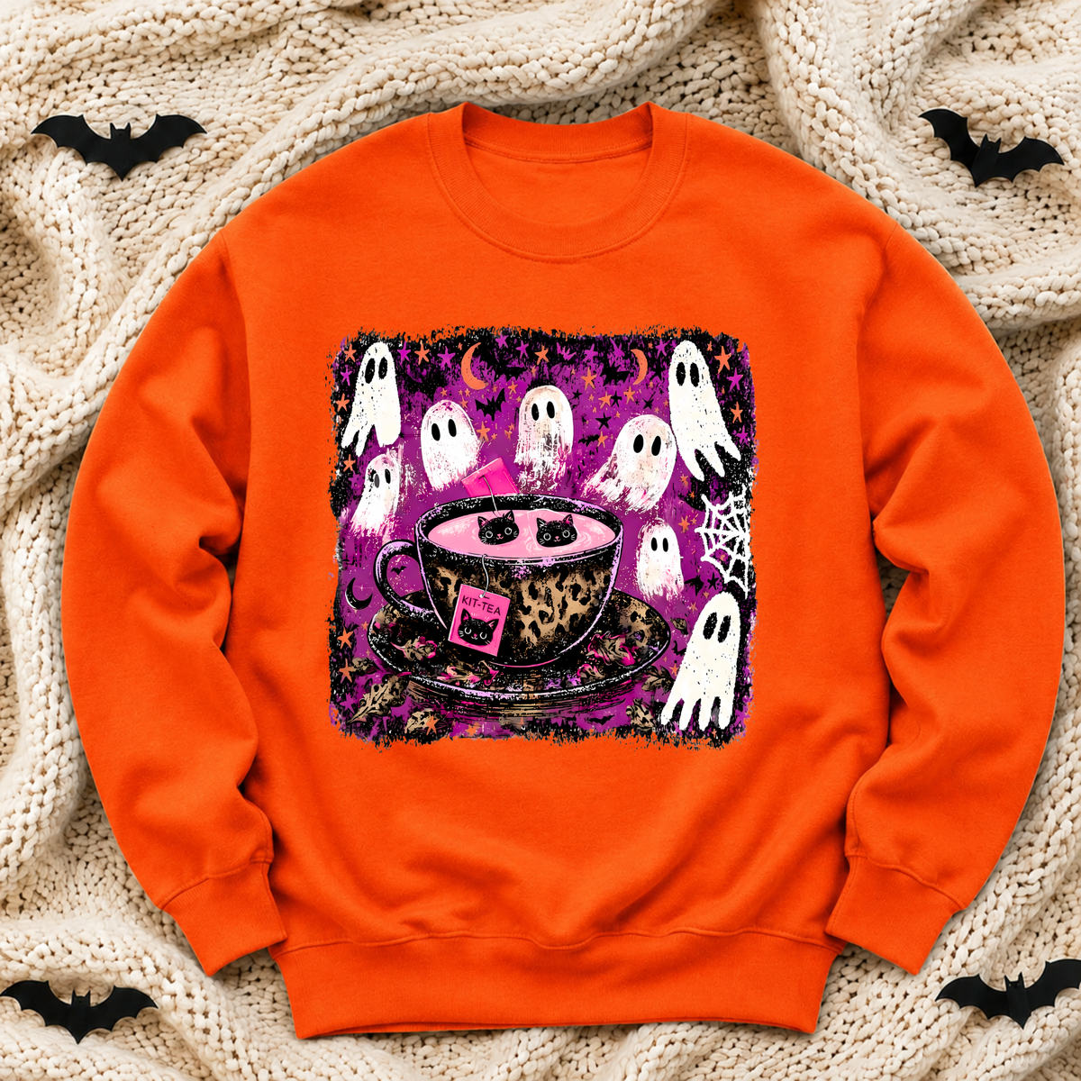 Kitty Tea Halloween Sweatshirt | Pink Spooky Cat & Ghost Crewneck