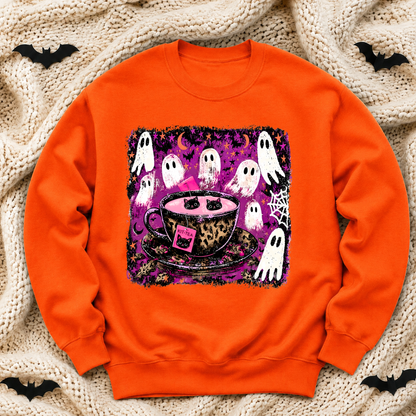 Kitty Tea Halloween Sweatshirt | Pink Spooky Cat & Ghost Crewneck