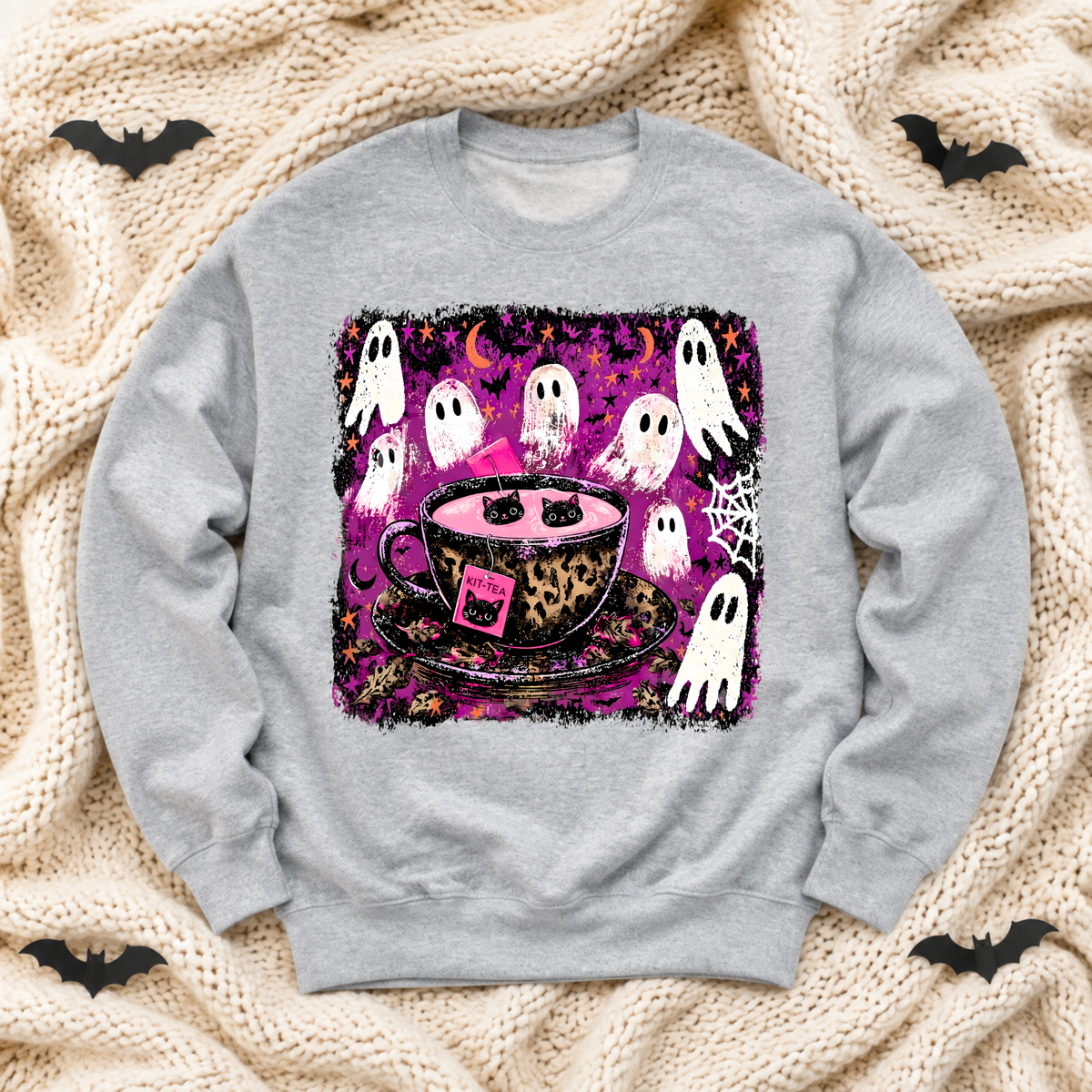 Kitty Tea Halloween Sweatshirt | Pink Spooky Cat & Ghost Crewneck