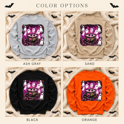 Kitty Tea Halloween Sweatshirt | Pink Spooky Cat & Ghost Crewneck