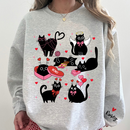 Personalized Valentine Black Cat Sweatshirt | Custom Cat Name Sleeve | Cute Valentine Sweatshirt for Women
