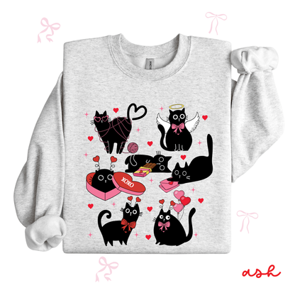 Personalized Valentine Black Cat Sweatshirt | Custom Cat Name Sleeve | Cute Valentine Sweatshirt for Women