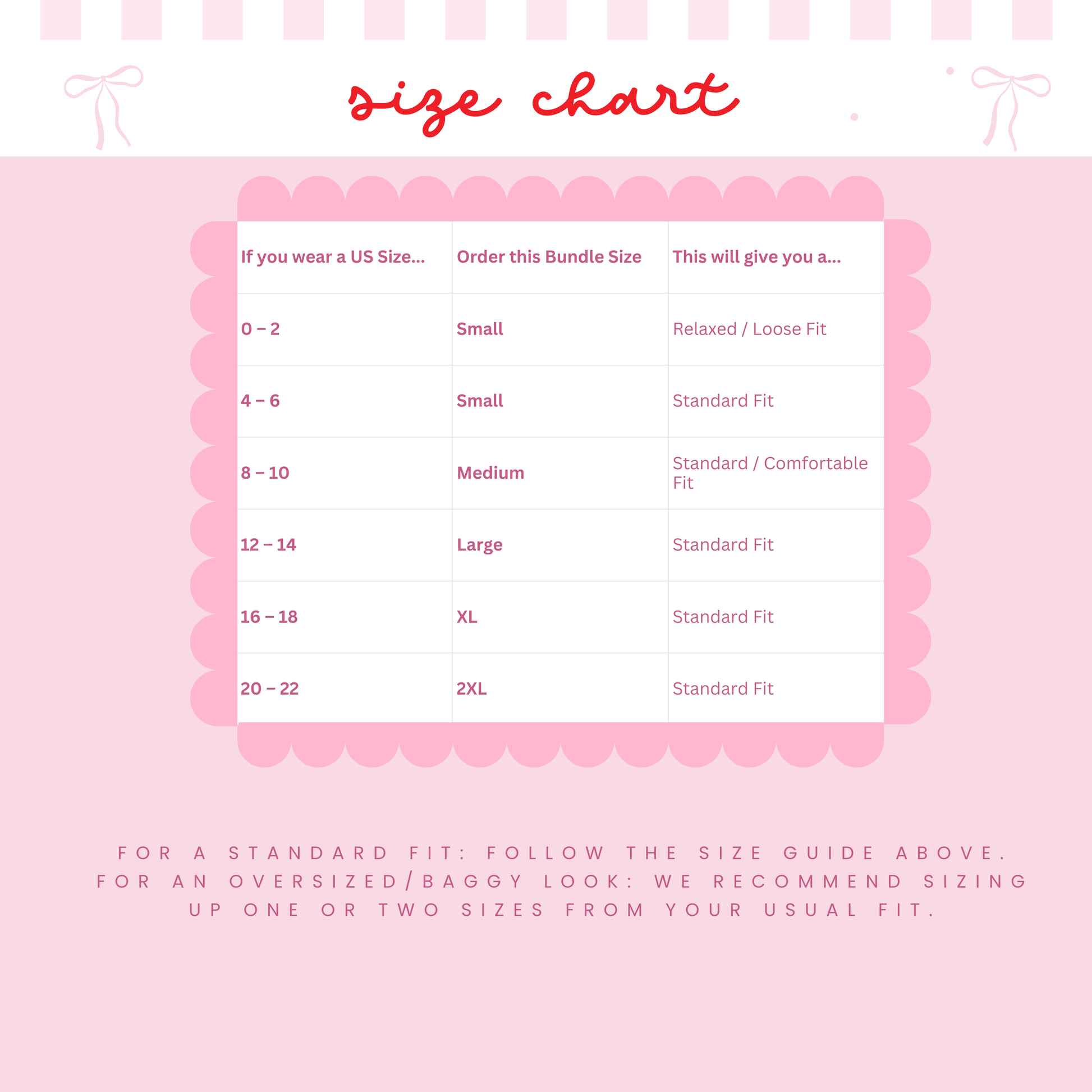 Size chart on a pink background with text and measurements