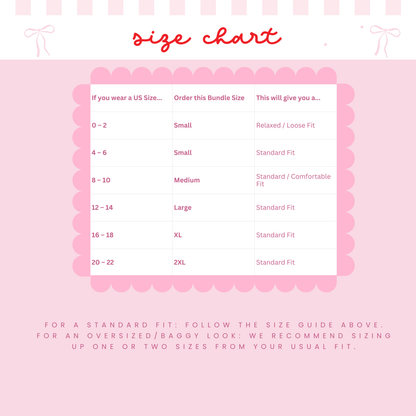 Size chart on a pink background with text and measurements