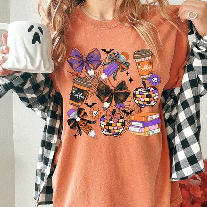 Whimsy Girly Shop Teacher Ghoul Squad Box, Halloween T-Shirt, Cup with Topper, Handcrafted Bow Earrings