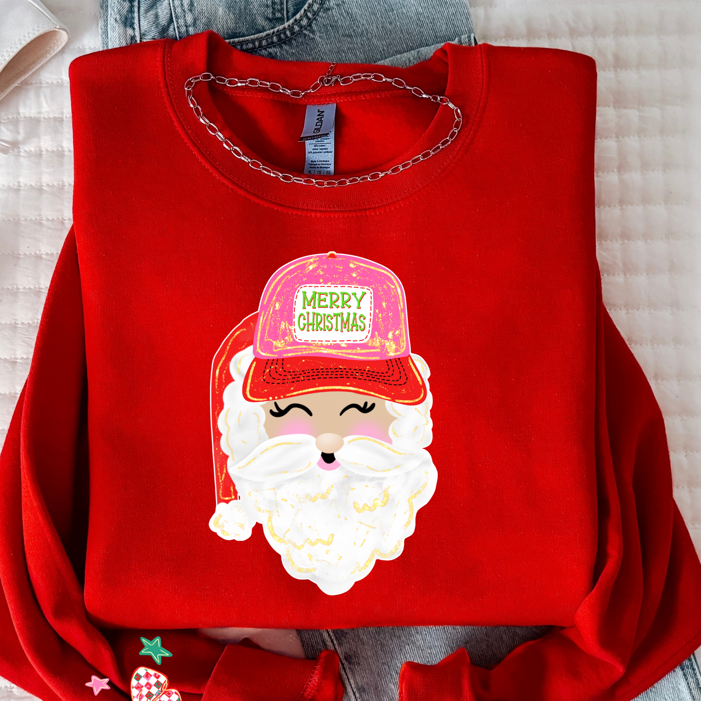 Preppy Santa Trucker Hat Christmas Sweatshirt | Cute Holiday Crewneck | Women’s Christmas Sweater