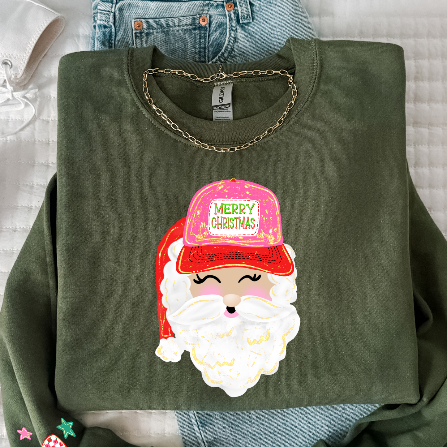 Preppy Santa Trucker Hat Christmas Sweatshirt | Cute Holiday Crewneck | Women’s Christmas Sweater