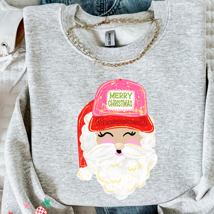 Preppy Santa Trucker Hat Christmas Sweatshirt | Cute Holiday Crewneck | Women’s Christmas Sweater
