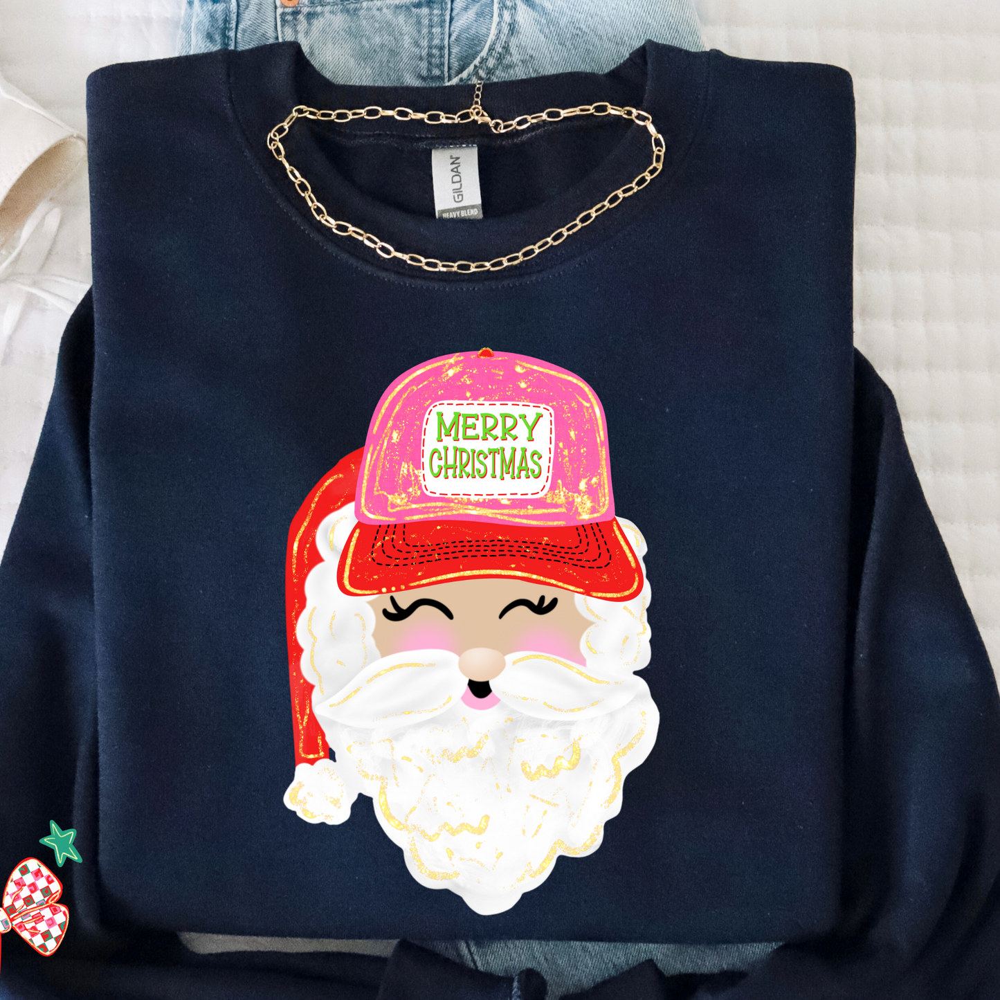 Preppy Santa Trucker Hat Christmas Sweatshirt | Cute Holiday Crewneck | Women’s Christmas Sweater