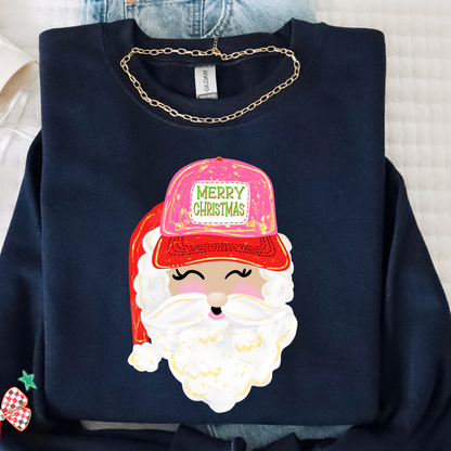 Preppy Santa Trucker Hat Christmas Sweatshirt | Cute Holiday Crewneck | Women’s Christmas Sweater