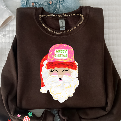 Preppy Santa Trucker Hat Christmas Sweatshirt | Cute Holiday Crewneck | Women’s Christmas Sweater