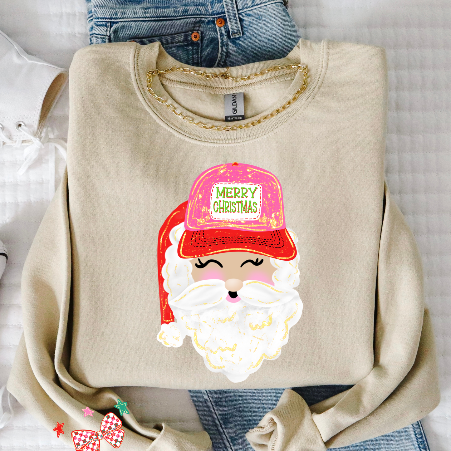 Preppy Santa Trucker Hat Christmas Sweatshirt | Cute Holiday Crewneck | Women’s Christmas Sweater