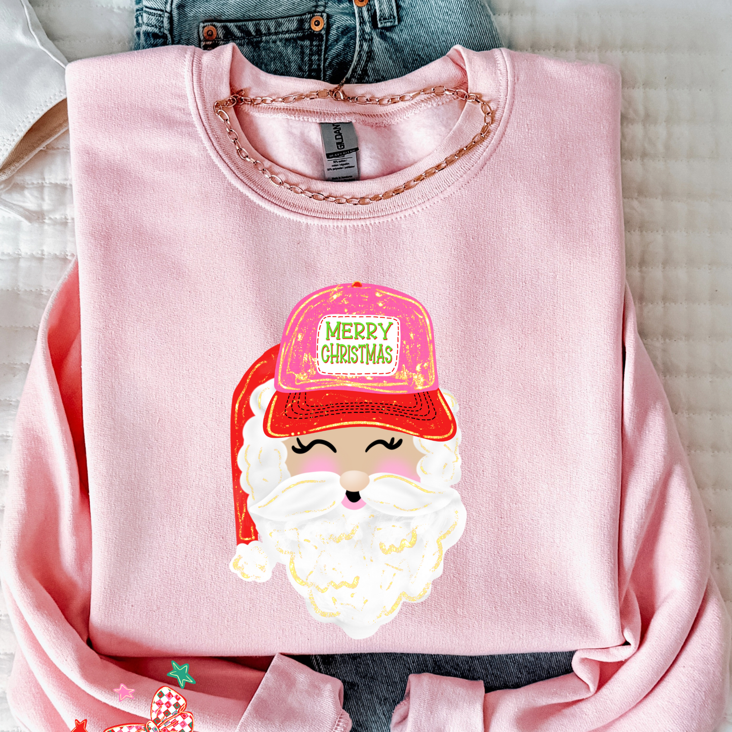 Preppy Santa Trucker Hat Christmas Sweatshirt | Cute Holiday Crewneck | Women’s Christmas Sweater
