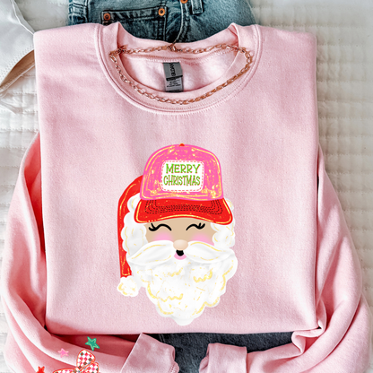 Preppy Santa Trucker Hat Christmas Sweatshirt | Cute Holiday Crewneck | Women’s Christmas Sweater