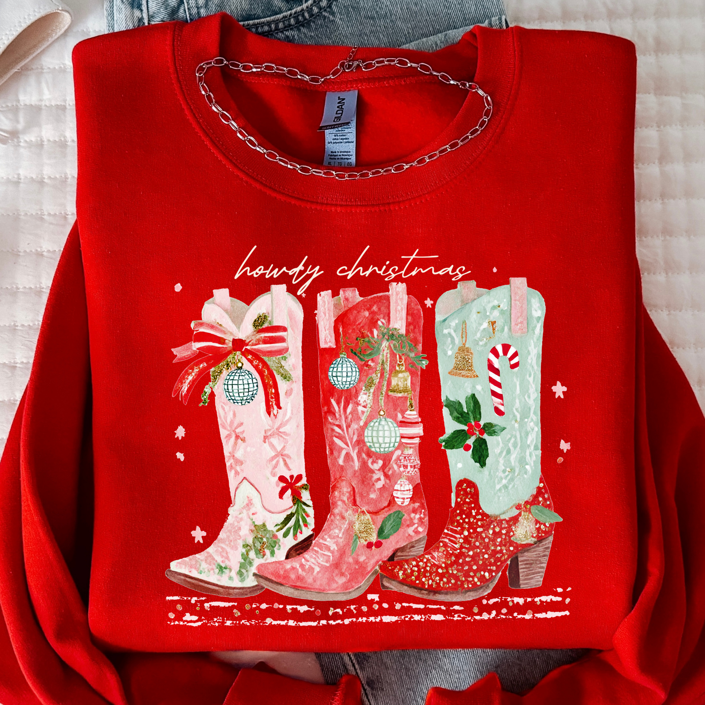 Festive Cowgirl Boots Christmas Sweatshirt | Western Holiday Sweater | Women’s Cozy Crewneck