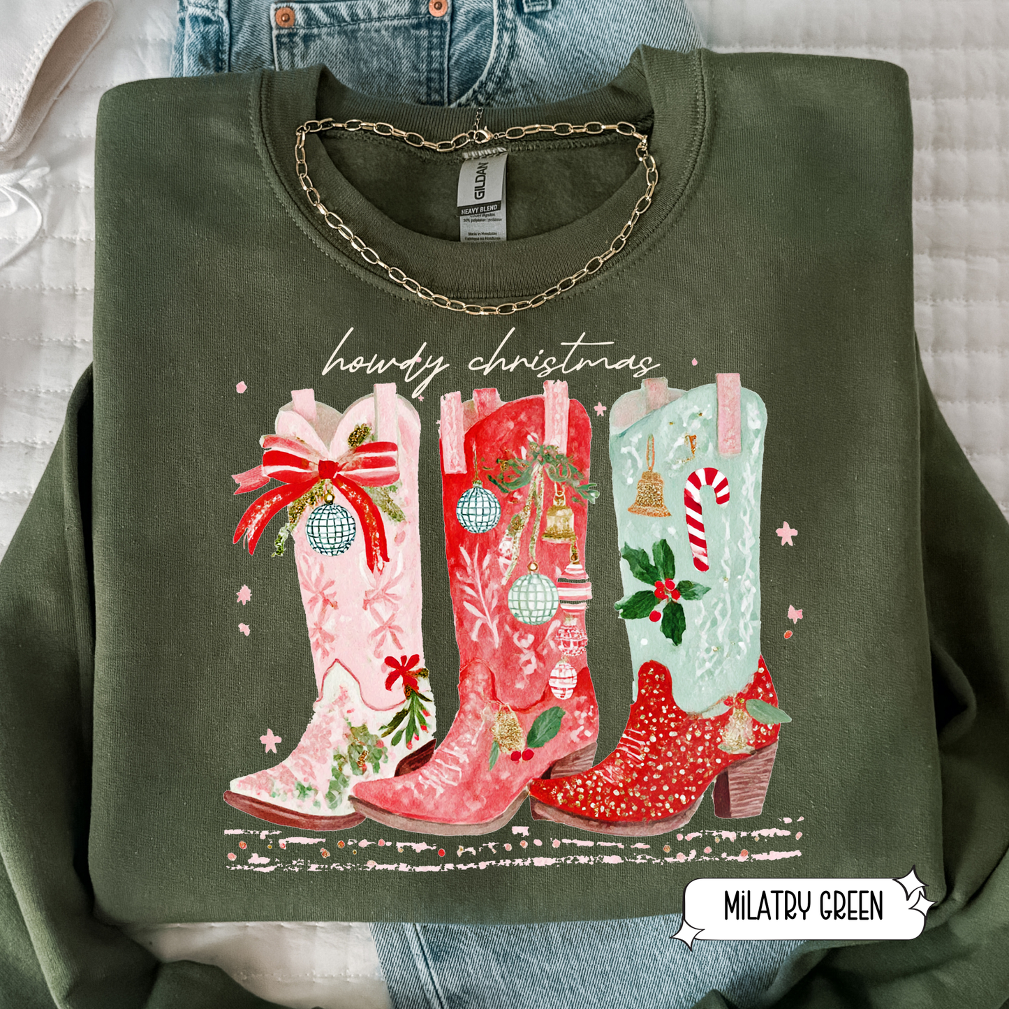 Festive Cowgirl Boots Christmas Sweatshirt | Western Holiday Sweater | Women’s Cozy Crewneck