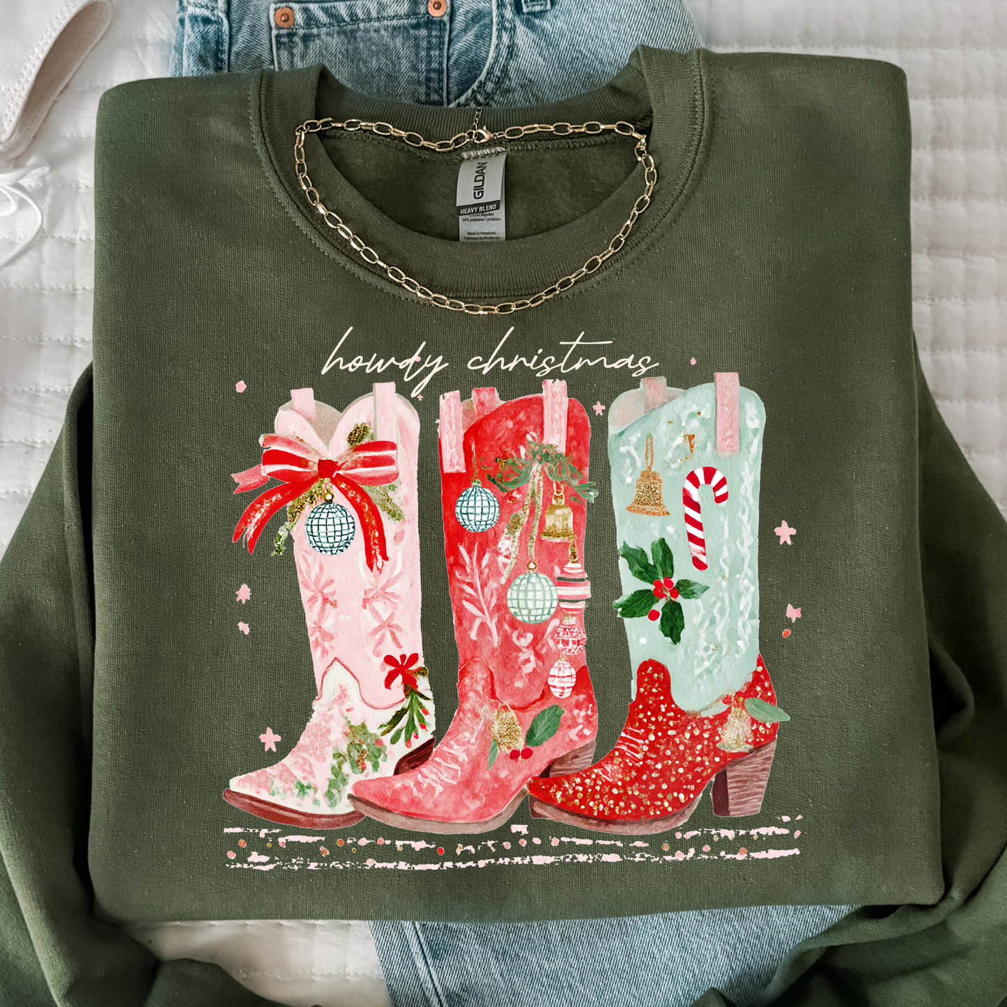 Festive Cowgirl Boots Christmas Sweatshirt | Western Holiday Sweater | Women’s Cozy Crewneck