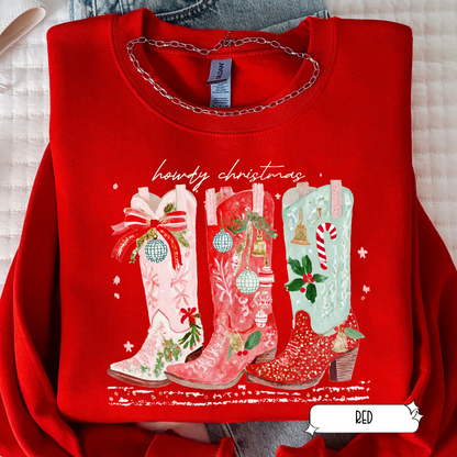 Festive Cowgirl Boots Christmas Sweatshirt | Western Holiday Sweater | Women’s Cozy Crewneck