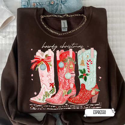 Festive Cowgirl Boots Christmas Sweatshirt | Western Holiday Sweater | Women’s Cozy Crewneck