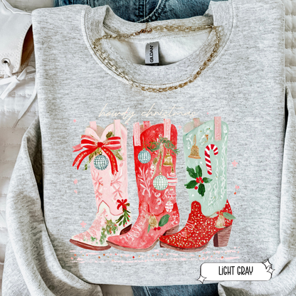 Festive Cowgirl Boots Christmas Sweatshirt | Western Holiday Sweater | Women’s Cozy Crewneck